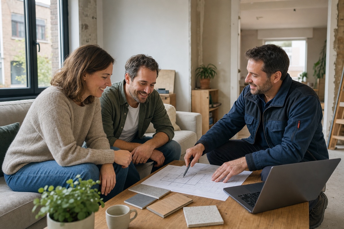 Huiseigenaars bespreken renovatieplannen met een bouwpartner in de woonkamer