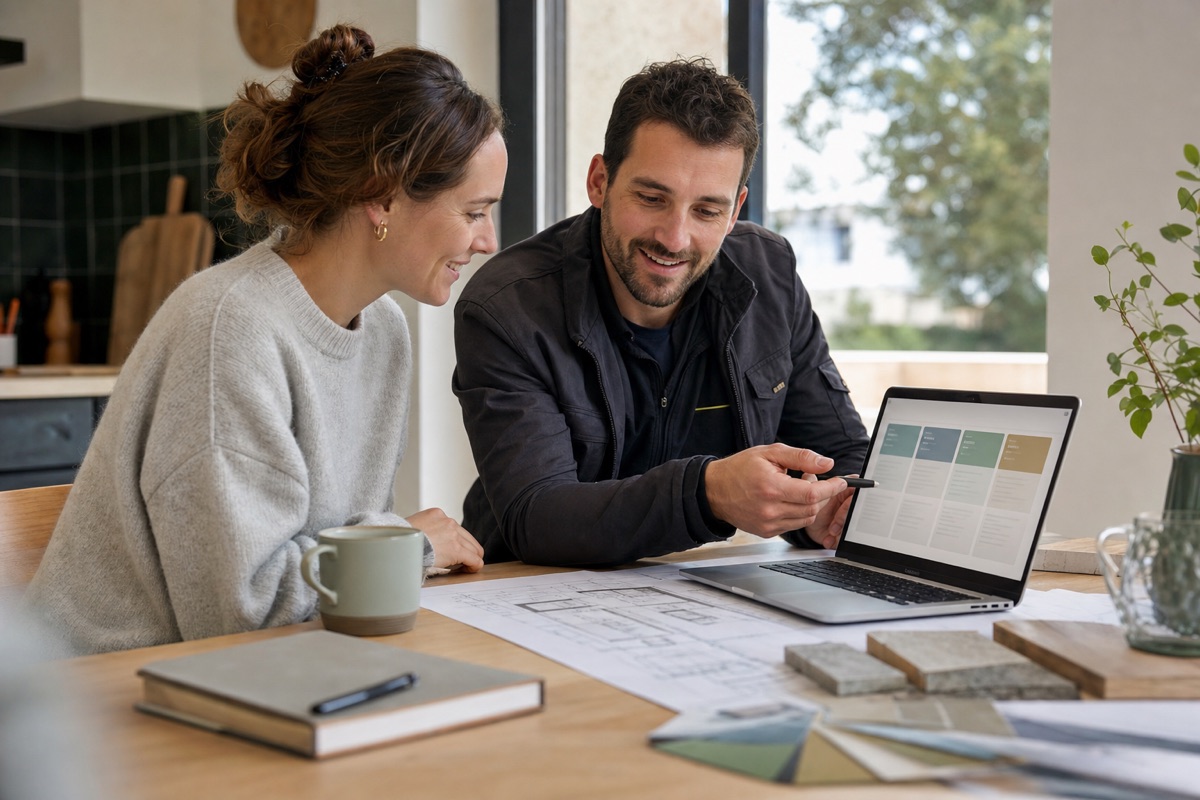 Huiseigenaar vergelijkt planning en partnerinformatie met een bouwpartner