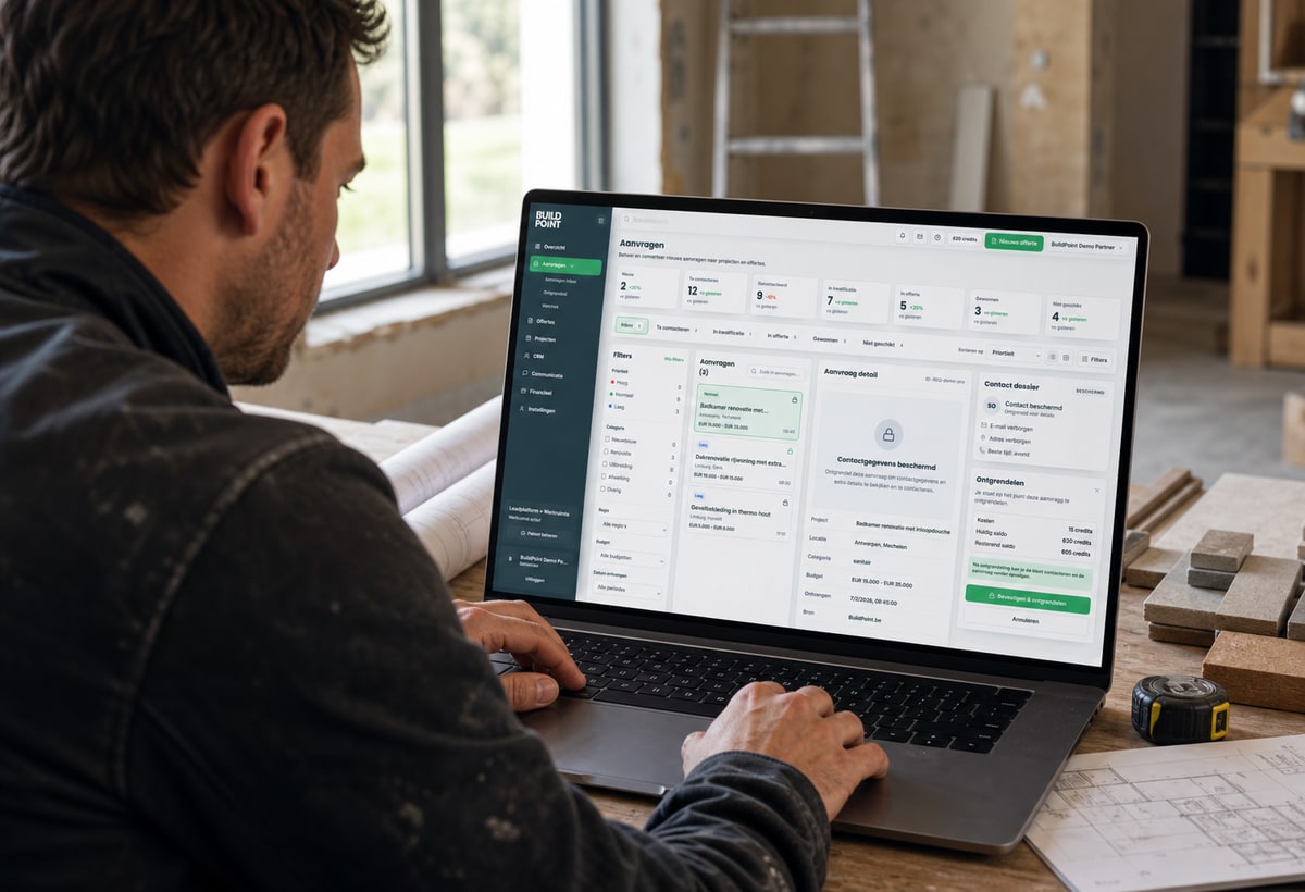 Bouwpartner bekijkt en ontgrendelt een nieuwe aanvraag in BuildPoint op een laptop.